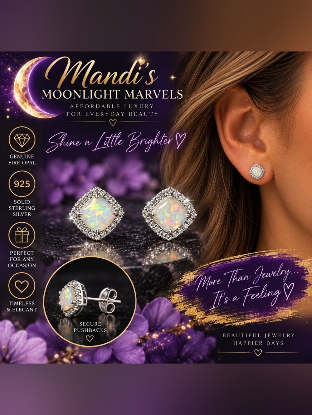 925 Sterling Silver Fire Opal Halo Stud Earrings